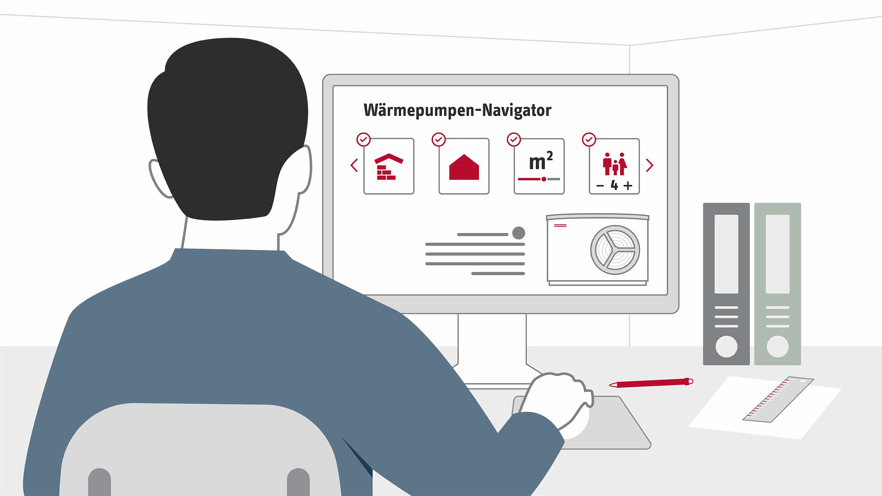 Illustration von einem Fachhandwerker, der vor einem Computer sitzt