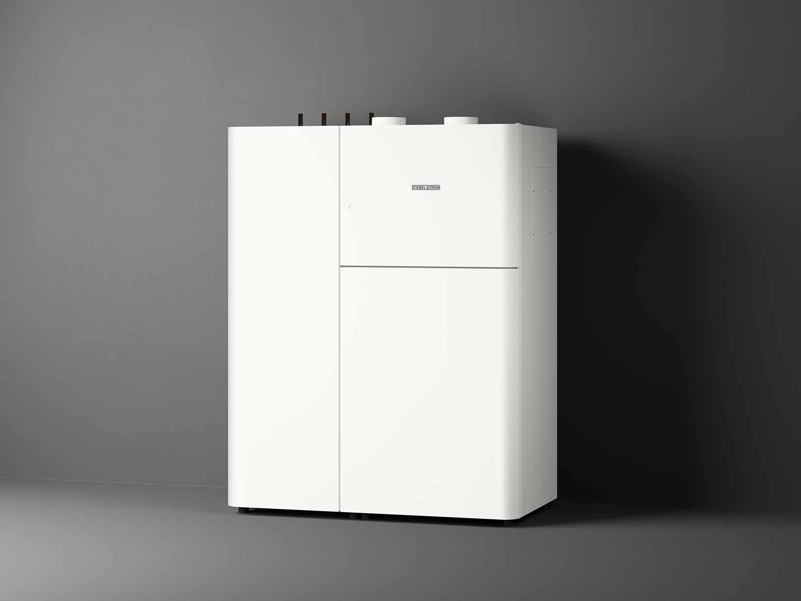Abbildung eines Lüftungsintegralsystems aus der STIEBEL ELTRON LWZ-Serie vor dunklem Hintergrund.