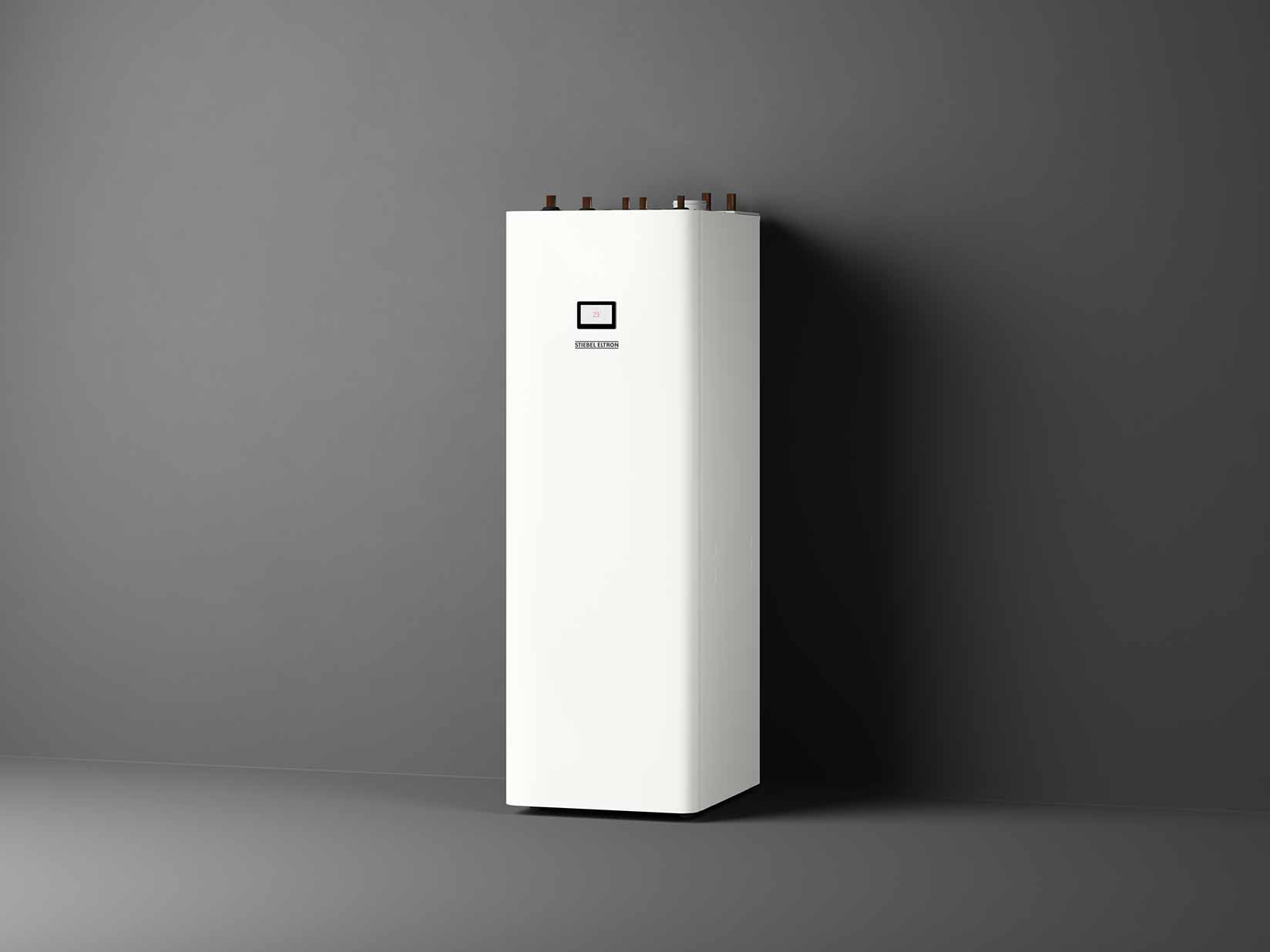 Abbildung einer Sole-Wasser-Wärmepumpe aus der STIEBEL ELTRON WPE-I-Serie vor dunklem Hintergrund.