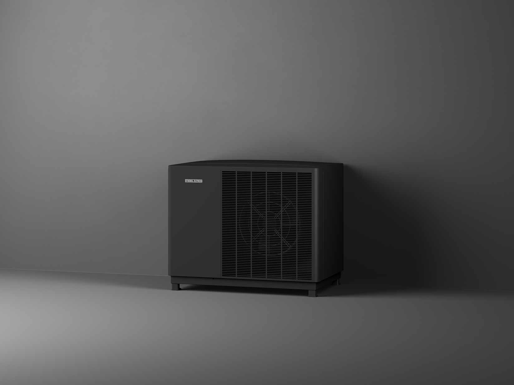 Abbildung einer Luft-Wasser-Wärmepumpe aus der STIEBEL ELTRON WPL-A Trend-Serie vor dunklem Hintergrund.