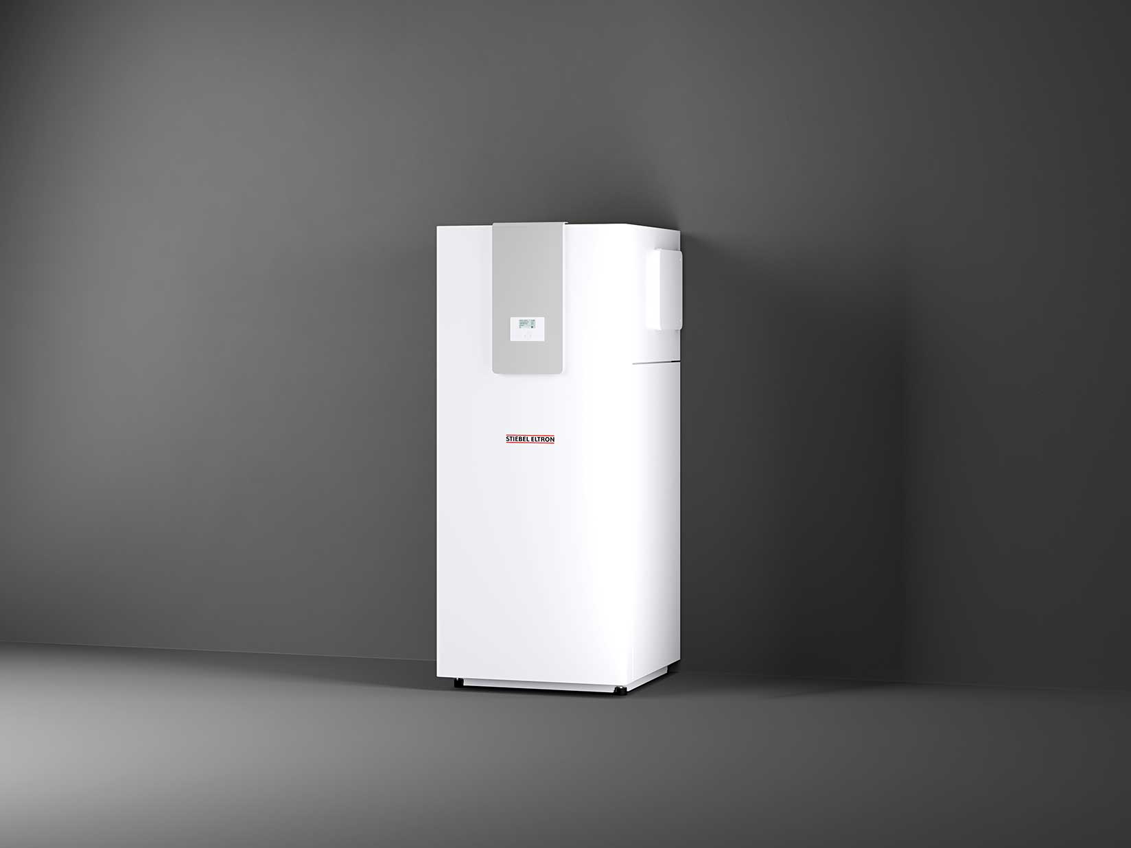 Abbildung einer Luft-Wasser-Wärmepumpe aus der STIEBEL ELTRON WPL-A Trend-Serie vor dunklem Hintergrund.